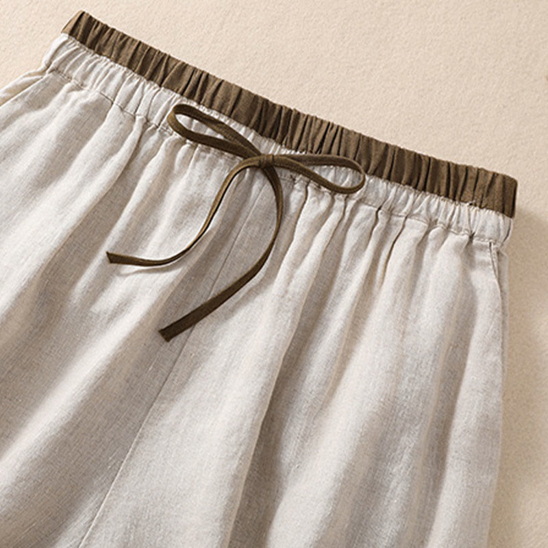 Nimara Ritual Solid Color Contrast Color Waist Lace-up Cotton Linen Women's Shorts With Pockets