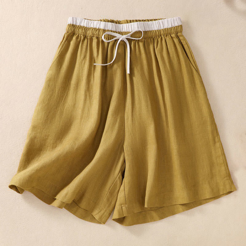 Nimara Ritual Solid Color Contrast Color Waist Lace-up Cotton Linen Women's Shorts With Pockets