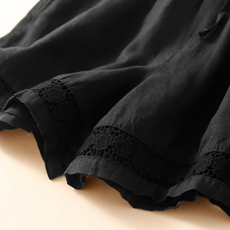 Nimara Ritual Plain Color Bottom Hollow Lace Design Lace-up Cotton Women's Shorts With Pockets