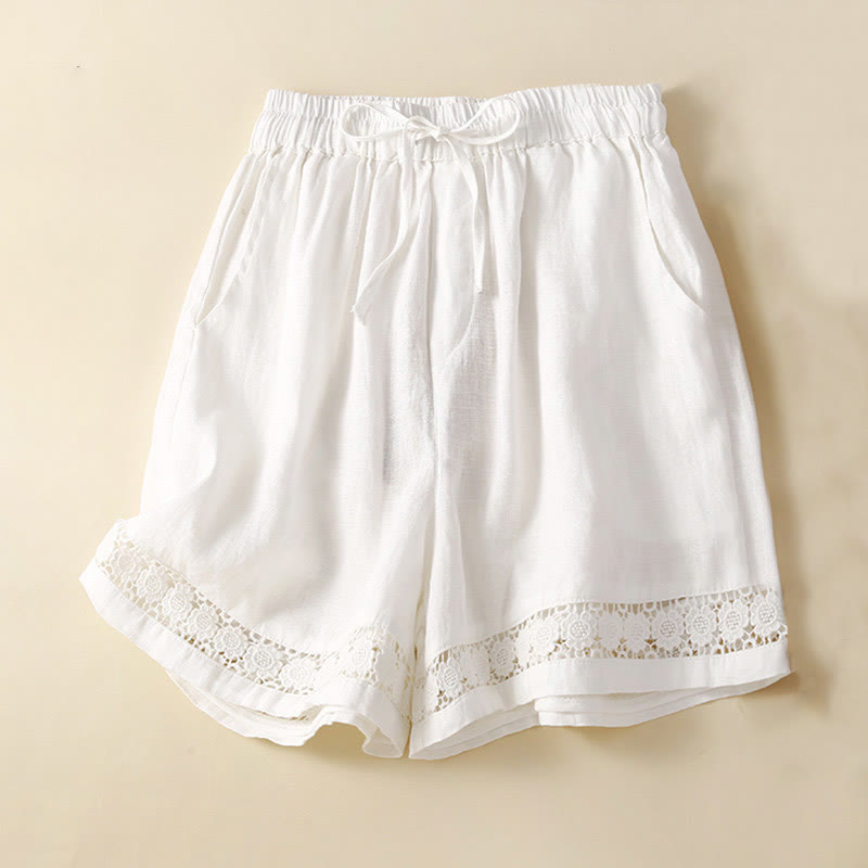 Nimara Ritual Plain Color Bottom Hollow Lace Design Lace-up Cotton Women's Shorts With Pockets
