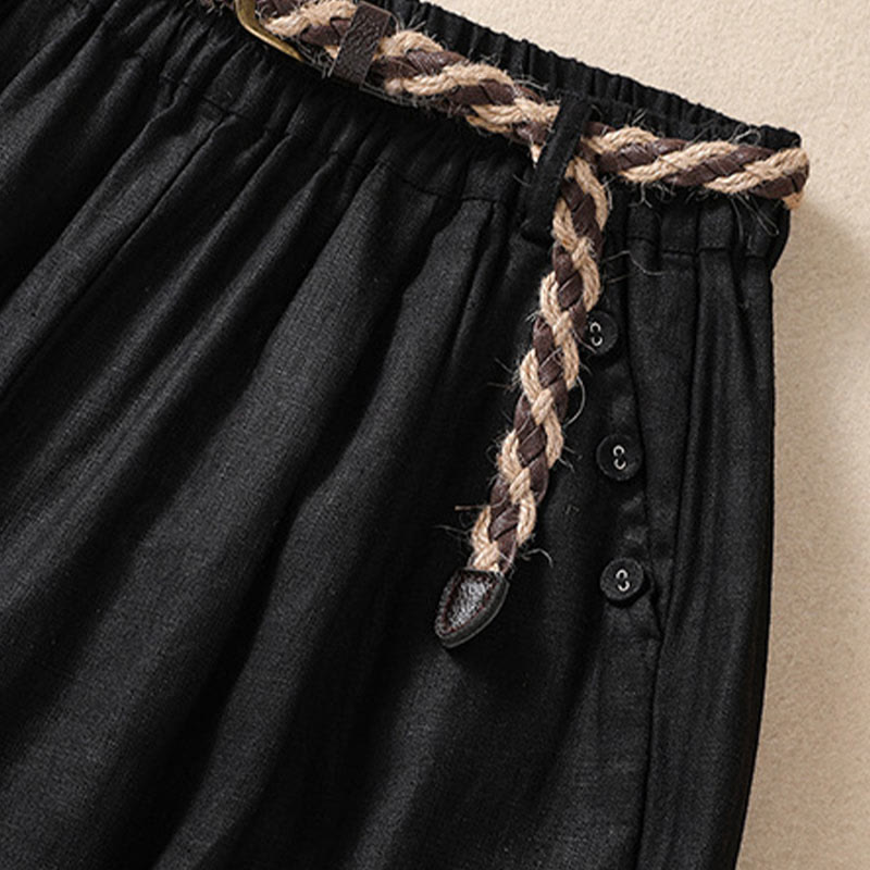 Nimara Ritual Casual Solid Color Turn Up Cuff Belt Cotton Linen Women's Shorts With Pockets