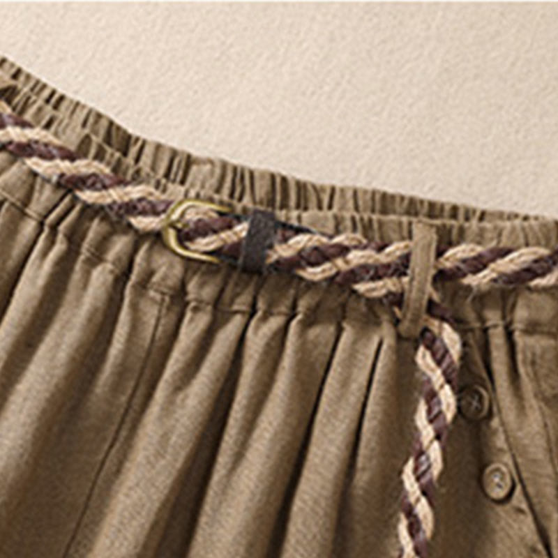 Nimara Ritual Casual Solid Color Turn Up Cuff Belt Cotton Linen Women's Shorts With Pockets