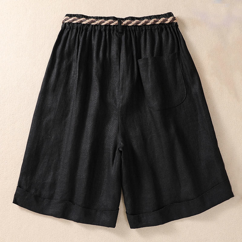 Nimara Ritual Casual Solid Color Turn Up Cuff Belt Cotton Linen Women's Shorts With Pockets