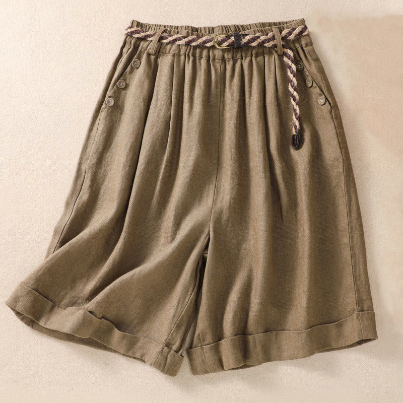 Nimara Ritual Casual Solid Color Turn Up Cuff Belt Cotton Linen Women's Shorts With Pockets
