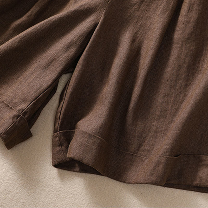 Nimara Ritual Casual Solid Color Turn Up Cuff Belt Cotton Linen Women's Shorts With Pockets