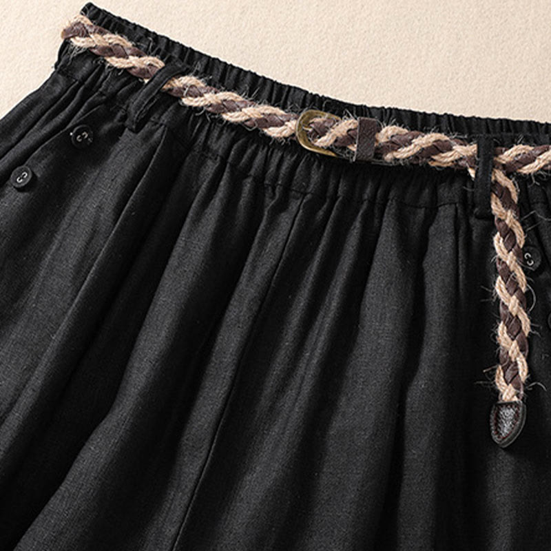 Nimara Ritual Casual Solid Color Turn Up Cuff Belt Cotton Linen Women's Shorts With Pockets
