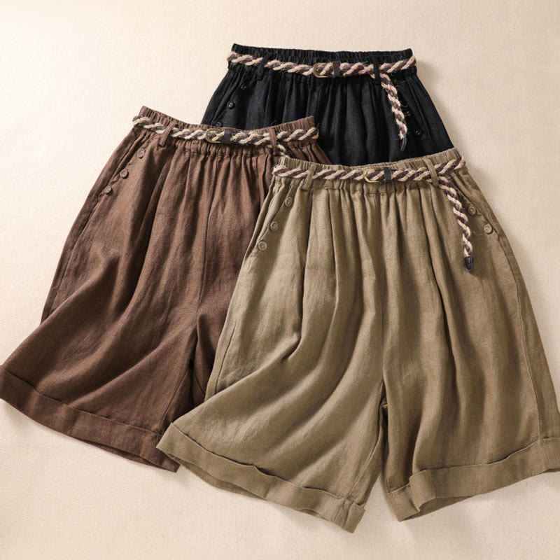 Nimara Ritual Casual Solid Color Turn Up Cuff Belt Cotton Linen Women's Shorts With Pockets