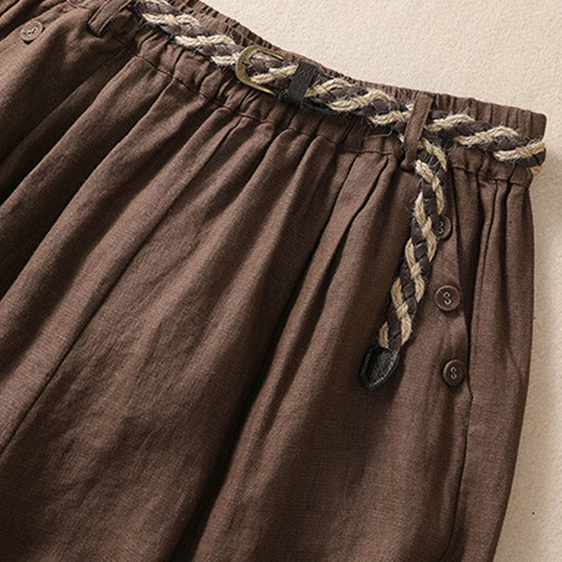 Nimara Ritual Casual Solid Color Turn Up Cuff Belt Cotton Linen Women's Shorts With Pockets