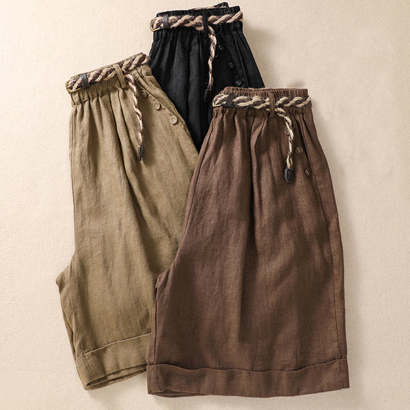 Nimara Ritual Casual Solid Color Turn Up Cuff Belt Cotton Linen Women's Shorts With Pockets