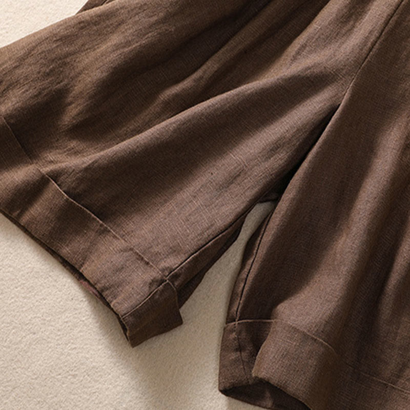 Nimara Ritual Casual Solid Color Turn Up Cuff Belt Cotton Linen Women's Shorts With Pockets