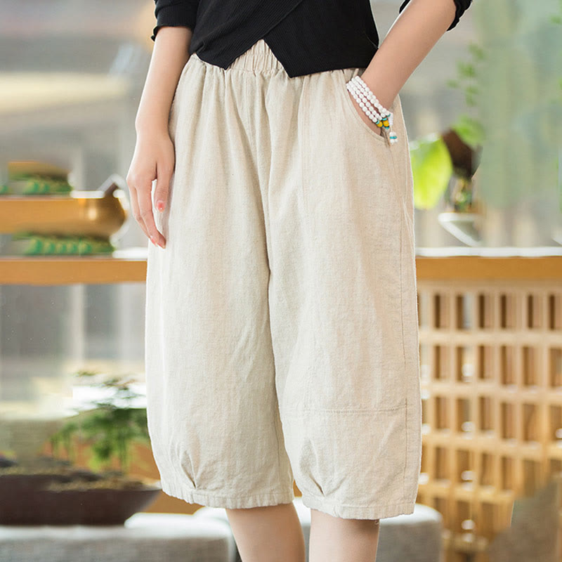 Nimara Ritual Casual Plain Color Cotton Ramie Women's Shorts With Pockets