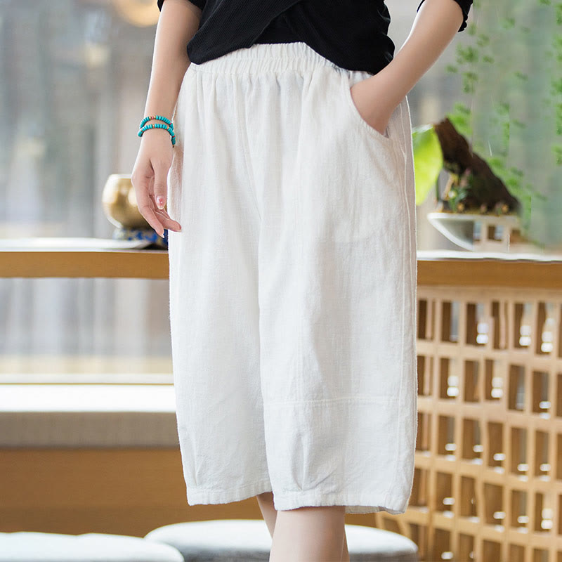 Nimara Ritual Casual Plain Color Cotton Ramie Women's Shorts With Pockets