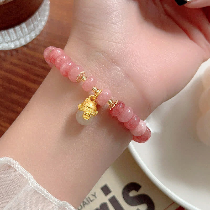 Nimara Ritual Strawberry Quartz Cyan Jade Lucky Cat Beads Healing Bracelet