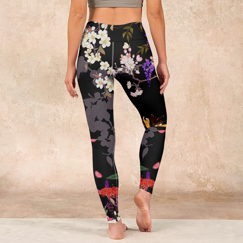 Nimara Ritual Black Colorful Flowers Print Gym Leggings Women's Yoga Pants