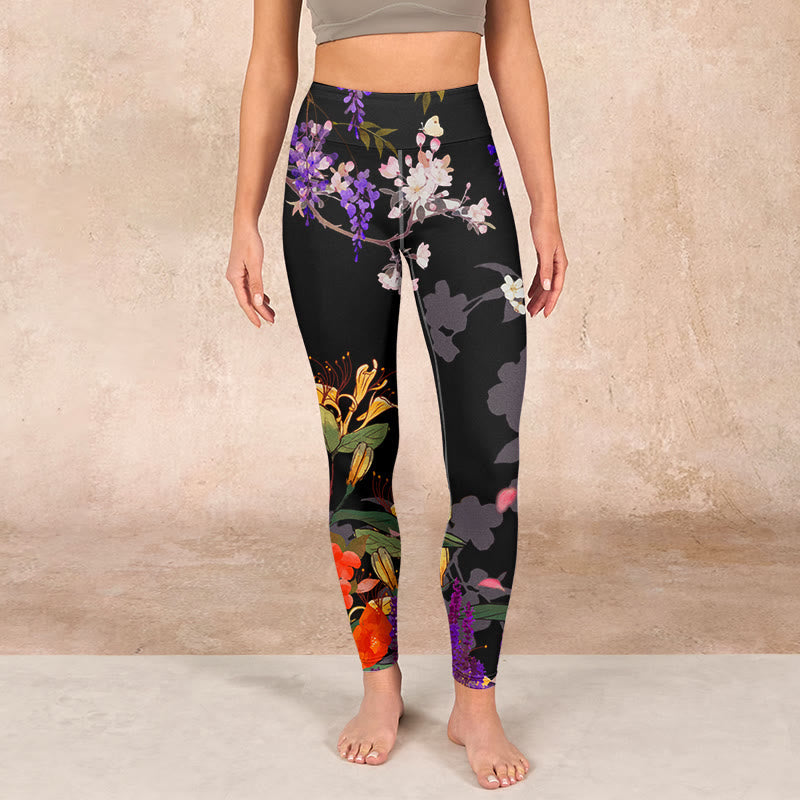 Nimara Ritual Black Colorful Flowers Print Gym Leggings Women's Yoga Pants