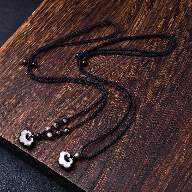 Nimara Ritual Natural Silver Sheen Obsidian Auspicious Clouds Protection Soothing Necklace Pendant