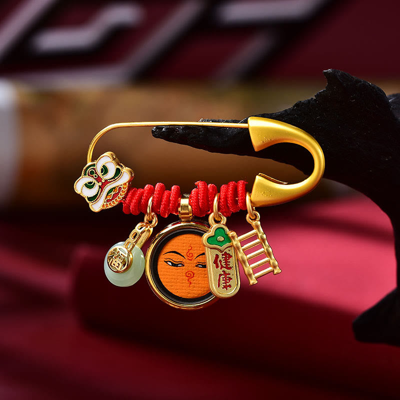 Nimara Ritual Tibetan Dancing Lion Jade Peace Buckle Fu Character Safe And Well Copper Luck Brooch