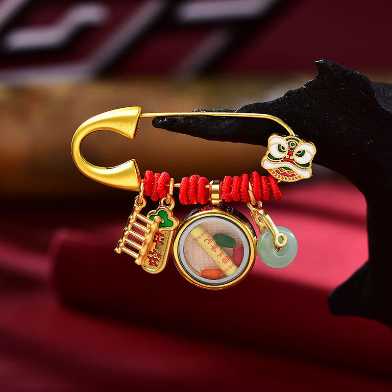 Nimara Ritual Tibetan Dancing Lion Jade Peace Buckle Fu Character Safe And Well Copper Luck Brooch