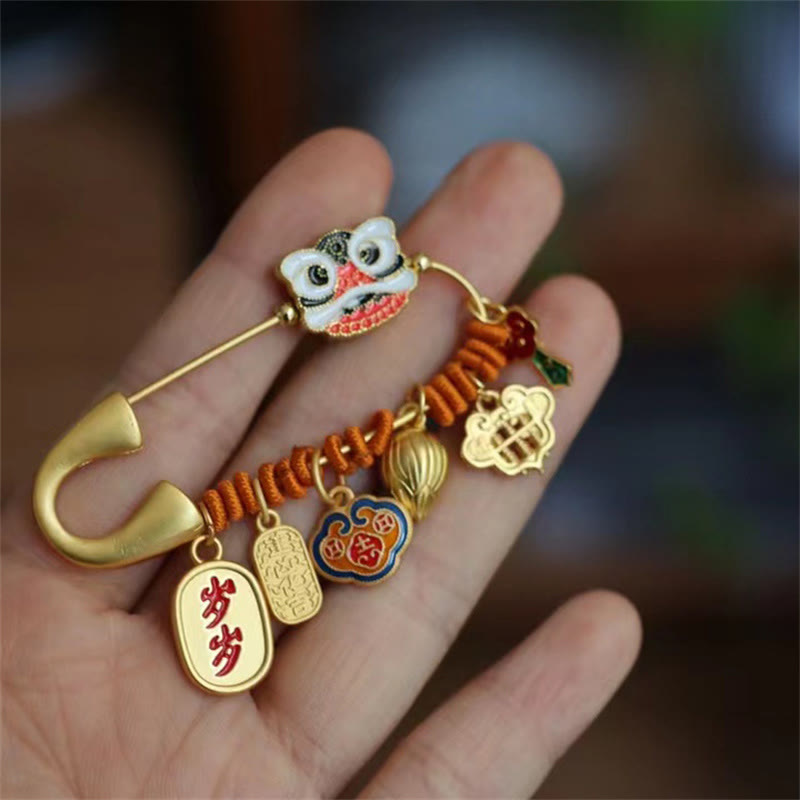 Nimara Ritual Dancing Lion Lotus Bud Copper Fortune Brooch