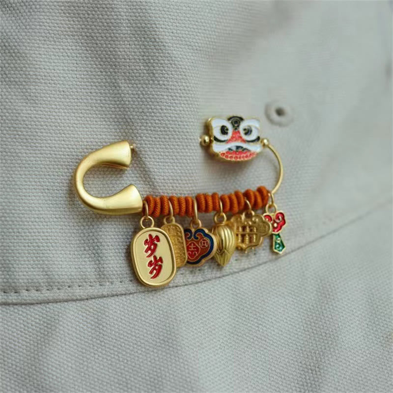 Nimara Ritual Dancing Lion Lotus Bud Copper Fortune Brooch