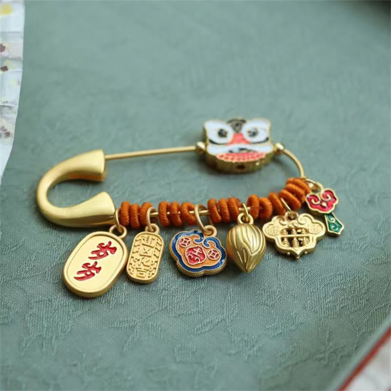 Nimara Ritual Dancing Lion Lotus Bud Copper Fortune Brooch