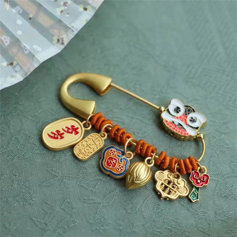 Nimara Ritual Dancing Lion Lotus Bud Copper Fortune Brooch