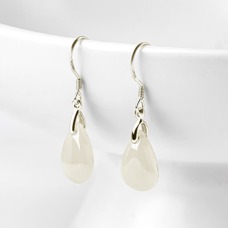 Nimara Ritual 925 Sterling Silver Jade Water Drop Pattern Luck Prosperity Dangle Earrings
