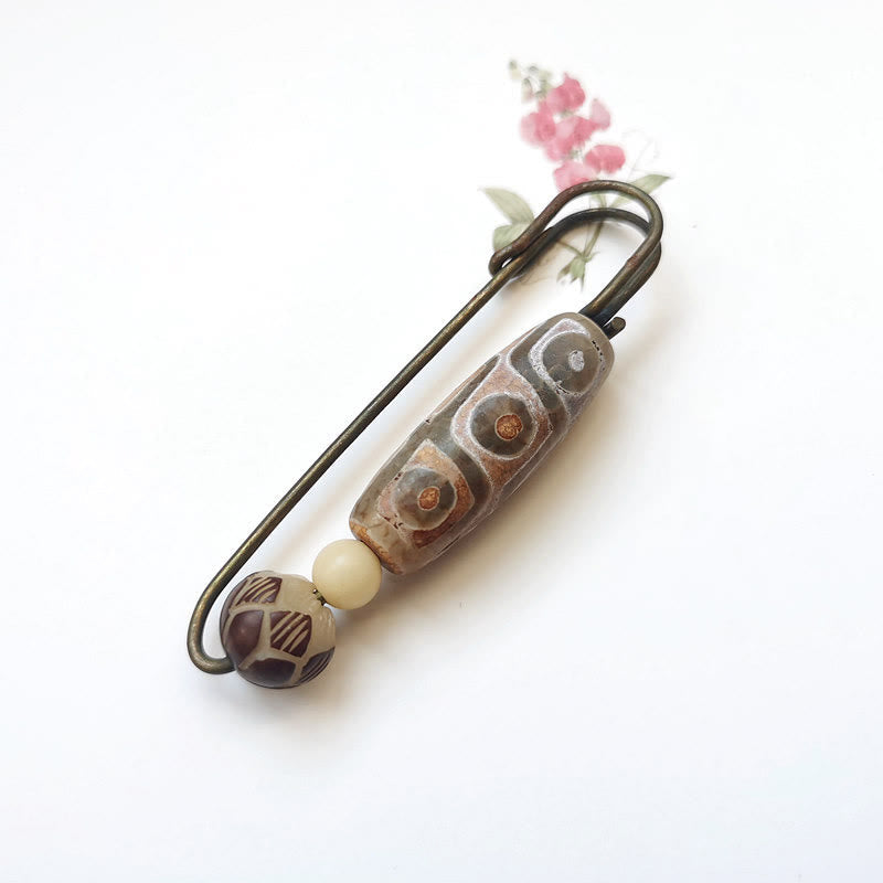 Nimara Ritual Nine-Eye Dzi Bead Bodhi Seed Lotus Protection Brooch