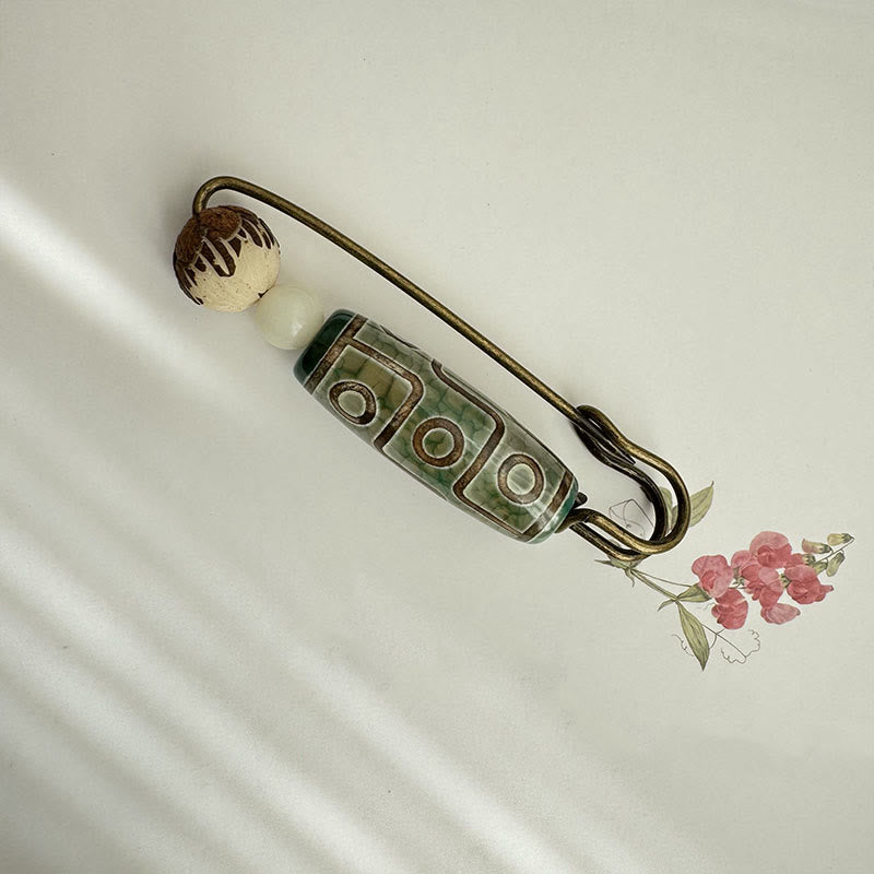 Nimara Ritual Nine-Eye Dzi Bead Bodhi Seed Lotus Protection Brooch