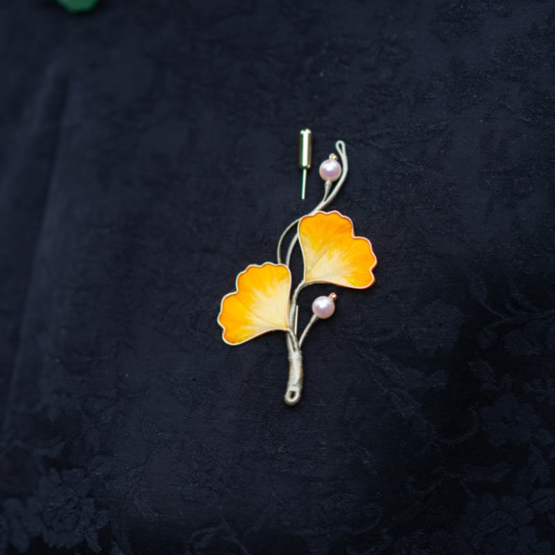 Nimara Ritual Handmade Yangzhou Velvet Flower Mulberry Silk Ginkgo Leaf Brooch