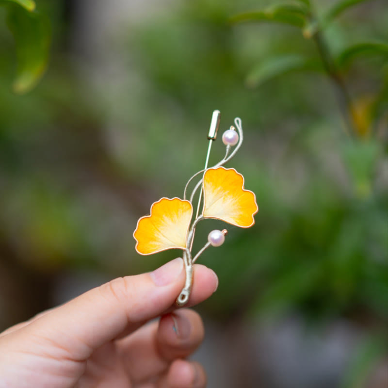 Nimara Ritual Handmade Yangzhou Velvet Flower Mulberry Silk Ginkgo Leaf Brooch