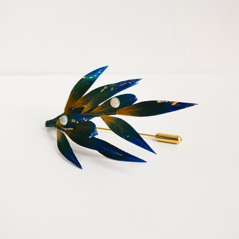 Nimara Ritual Handmade Velvet Flower Mulberry Silk Green Yellow Blue Leaves Brooch