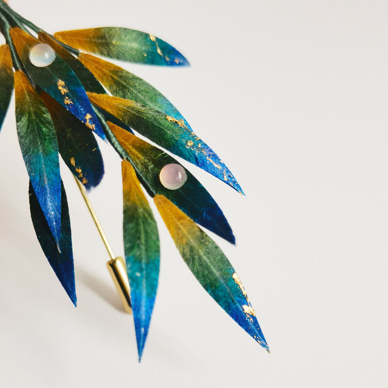 Nimara Ritual Handmade Velvet Flower Mulberry Silk Green Yellow Blue Leaves Brooch