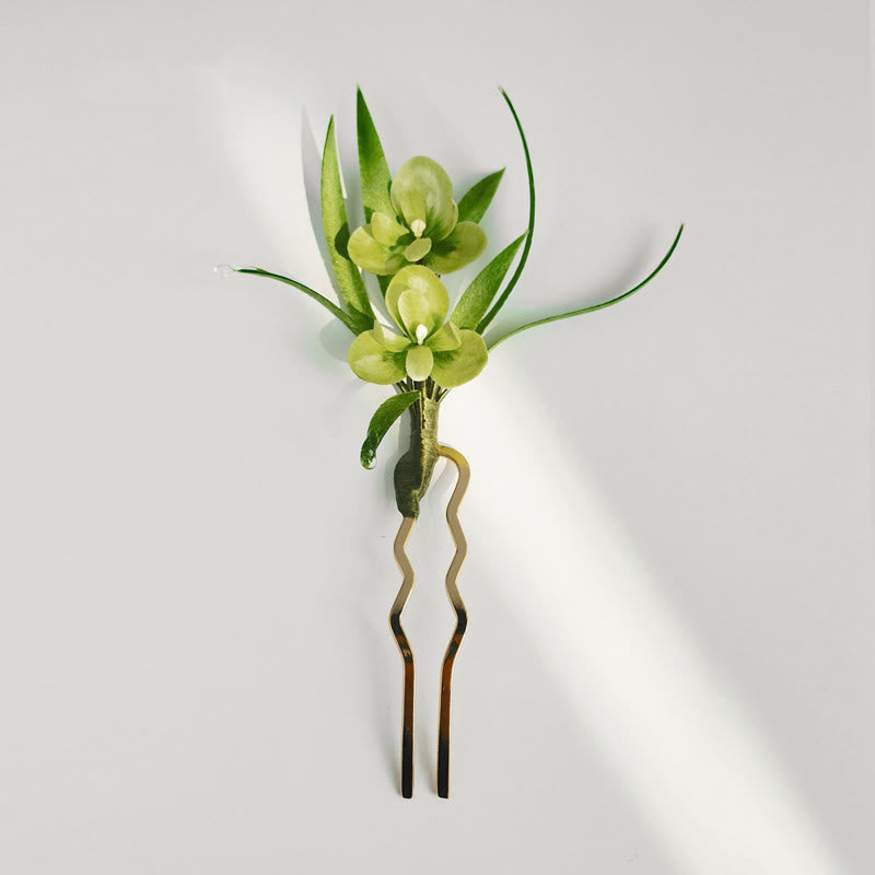 Nimara Ritual Handmade Velvet Flower Mulberry Silk Green Flowers Leaves Brooch Hairpin