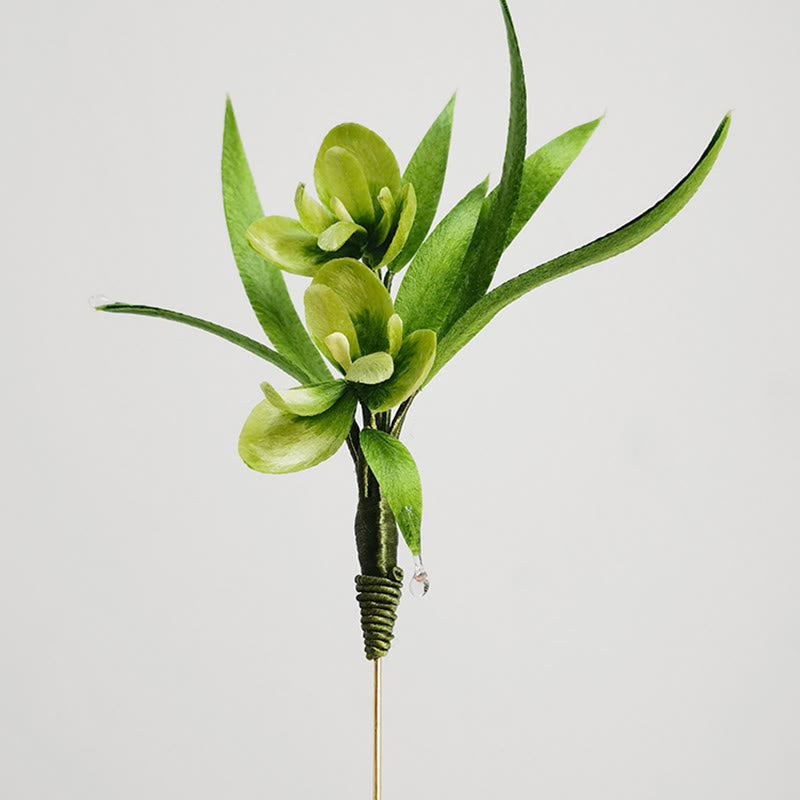 Nimara Ritual Handmade Velvet Flower Mulberry Silk Green Flowers Leaves Brooch Hairpin