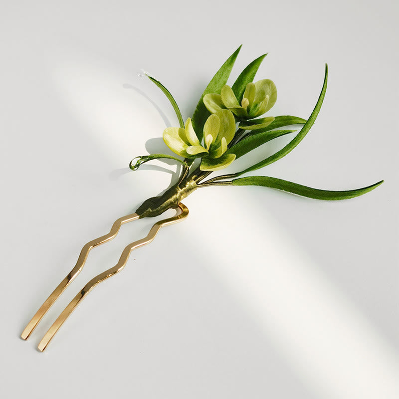 Nimara Ritual Handmade Velvet Flower Mulberry Silk Green Flowers Leaves Brooch Hairpin