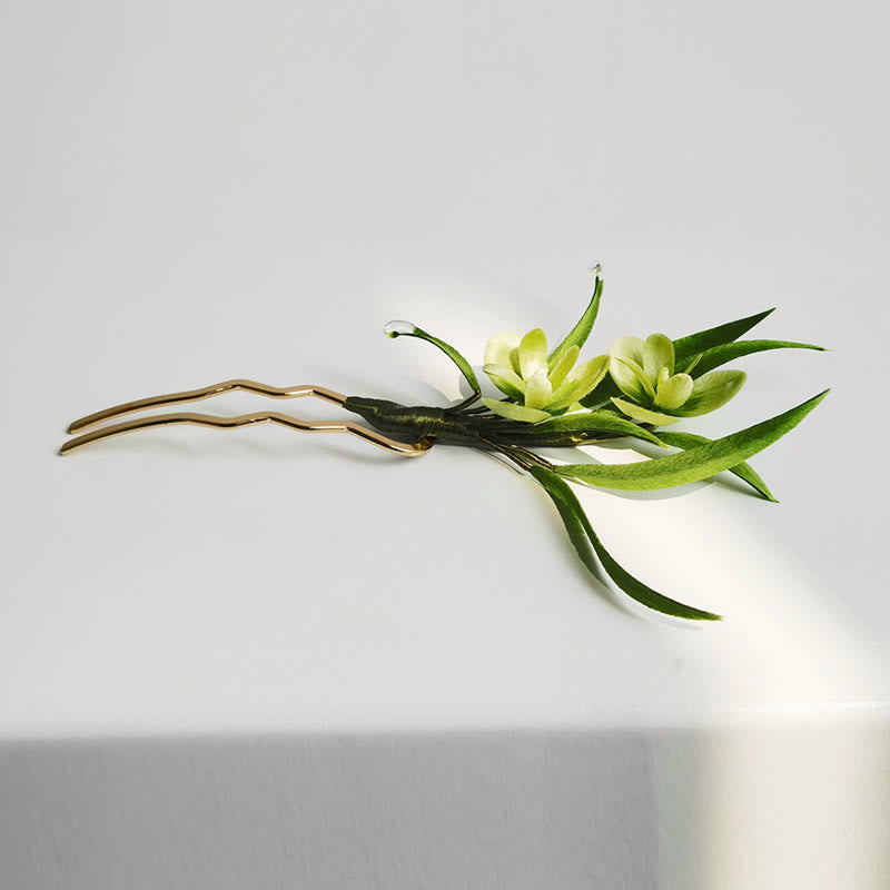 Nimara Ritual Handmade Velvet Flower Mulberry Silk Green Flowers Leaves Brooch Hairpin