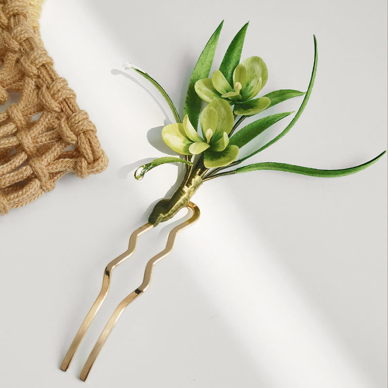 Nimara Ritual Handmade Velvet Flower Mulberry Silk Green Flowers Leaves Brooch Hairpin