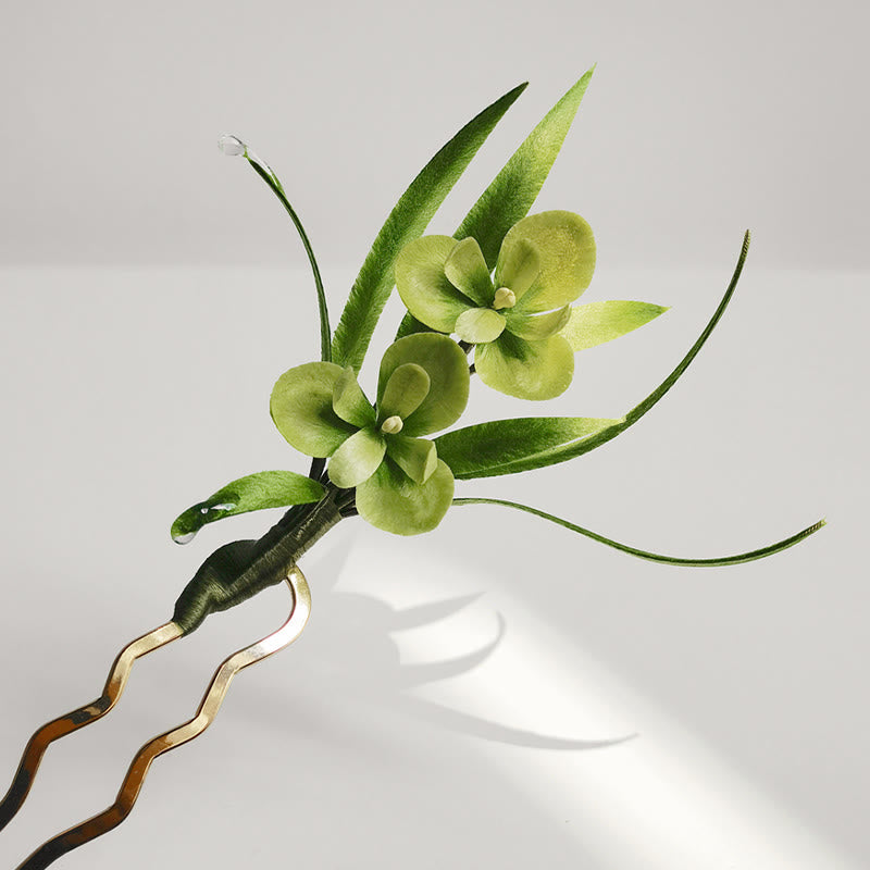 Nimara Ritual Handmade Velvet Flower Mulberry Silk Green Flowers Leaves Brooch Hairpin