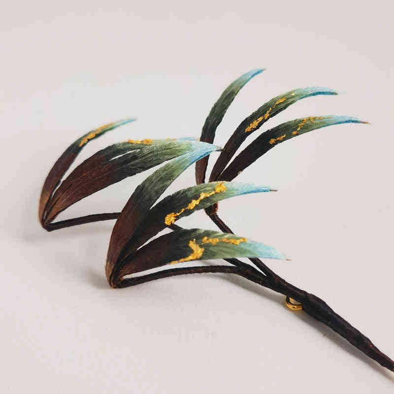 Nimara Ritual Handmade Velvet Flower Mulberry Silk Green Bamboo Leaves Brooch