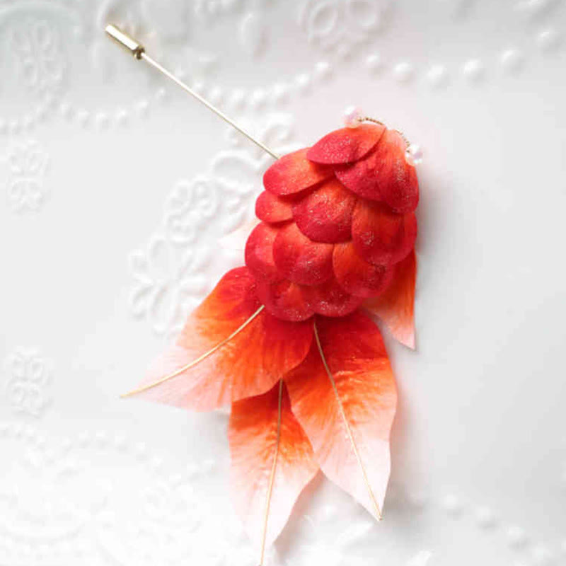 Nimara Ritual Handmade Yangzhou Velvet Flower Mulberry Silk Red Koi Fish Leaves Brooch Hair Clip
