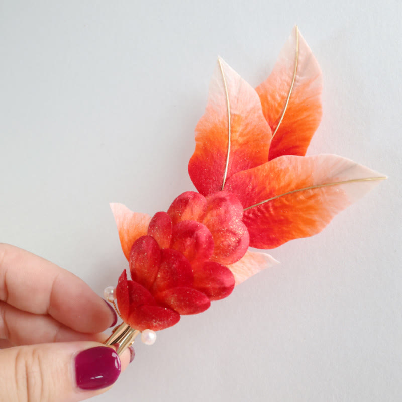 Nimara Ritual Handmade Yangzhou Velvet Flower Mulberry Silk Red Koi Fish Leaves Brooch Hair Clip