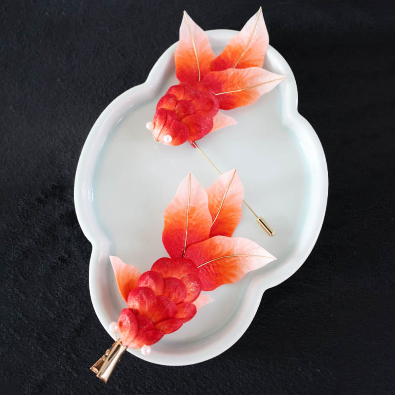 Nimara Ritual Handmade Yangzhou Velvet Flower Mulberry Silk Red Koi Fish Leaves Brooch Hair Clip