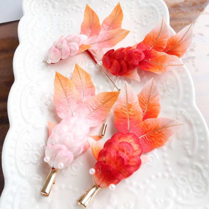 Nimara Ritual Handmade Yangzhou Velvet Flower Mulberry Silk Red Koi Fish Leaves Brooch Hair Clip