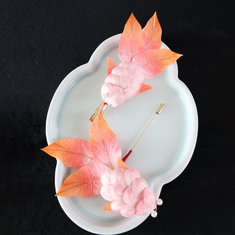 Nimara Ritual Handmade Yangzhou Velvet Flower Mulberry Silk Red Koi Fish Leaves Brooch Hair Clip