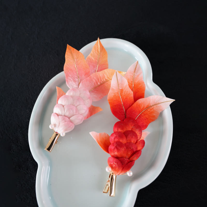 Nimara Ritual Handmade Yangzhou Velvet Flower Mulberry Silk Red Koi Fish Leaves Brooch Hair Clip