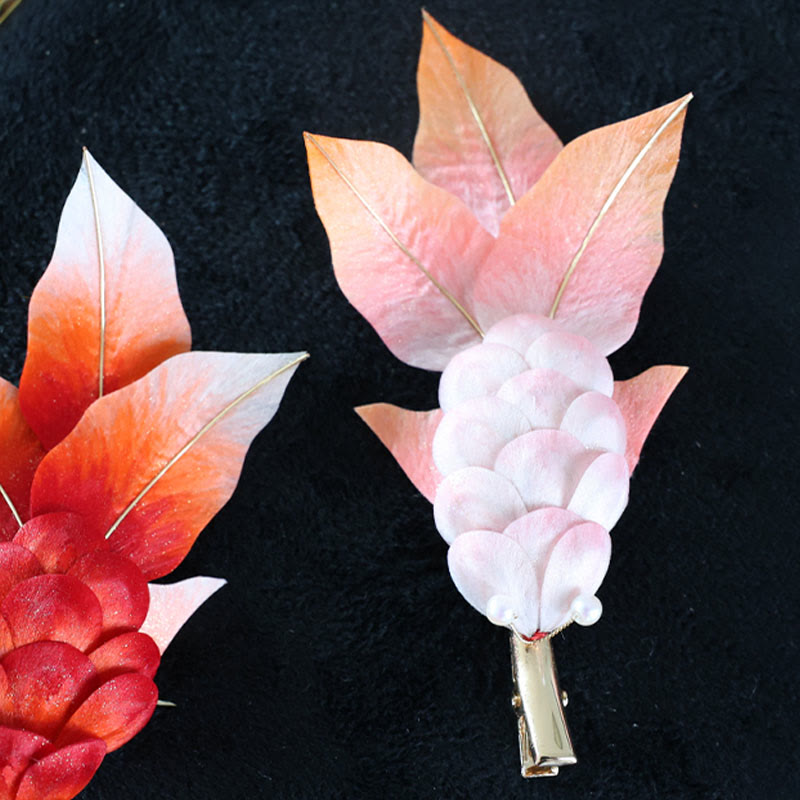 Nimara Ritual Handmade Yangzhou Velvet Flower Mulberry Silk Red Koi Fish Leaves Brooch Hair Clip