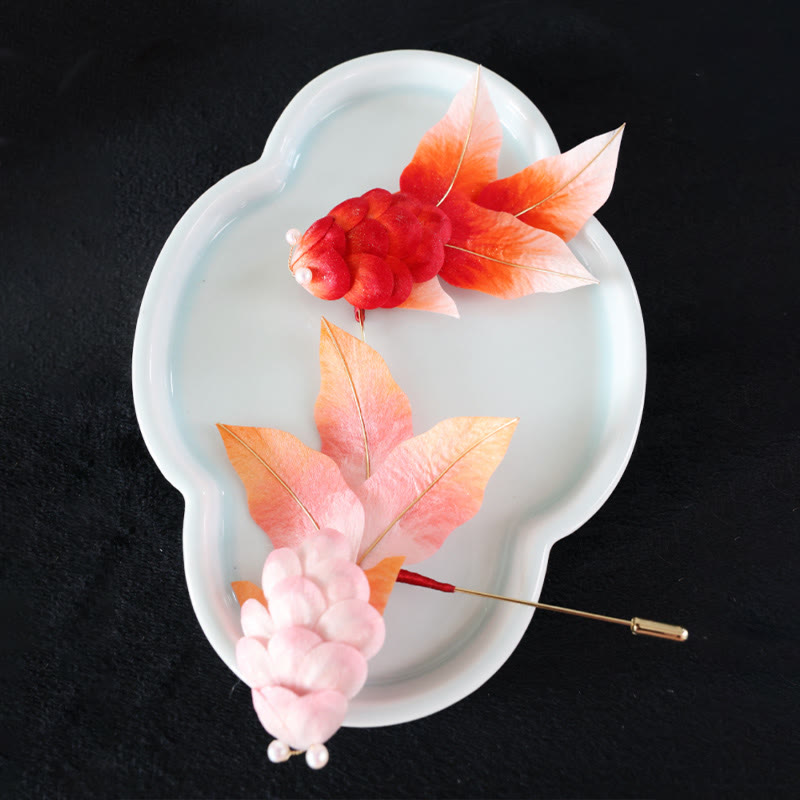 Nimara Ritual Handmade Yangzhou Velvet Flower Mulberry Silk Red Koi Fish Leaves Brooch Hair Clip