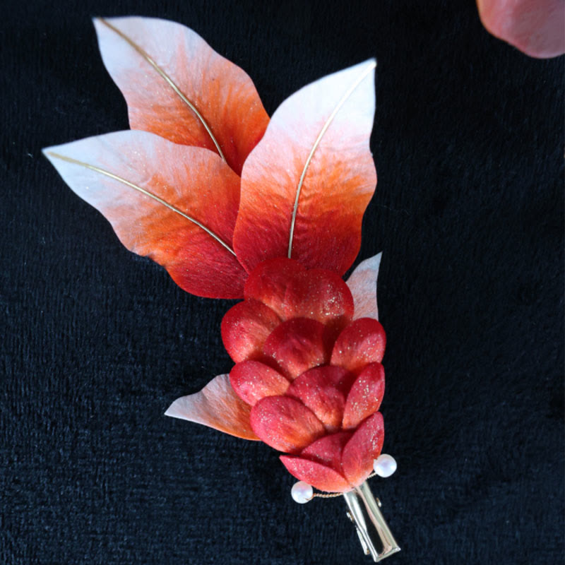 Nimara Ritual Handmade Yangzhou Velvet Flower Mulberry Silk Red Koi Fish Leaves Brooch Hair Clip