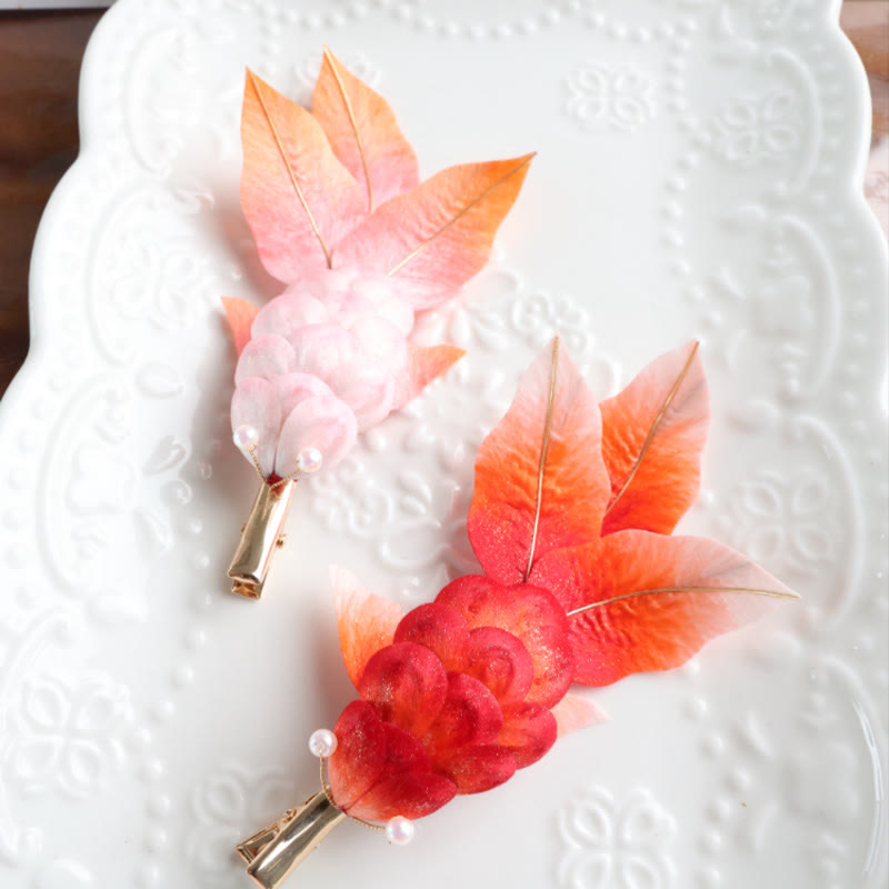 Nimara Ritual Handmade Yangzhou Velvet Flower Mulberry Silk Red Koi Fish Leaves Brooch Hair Clip